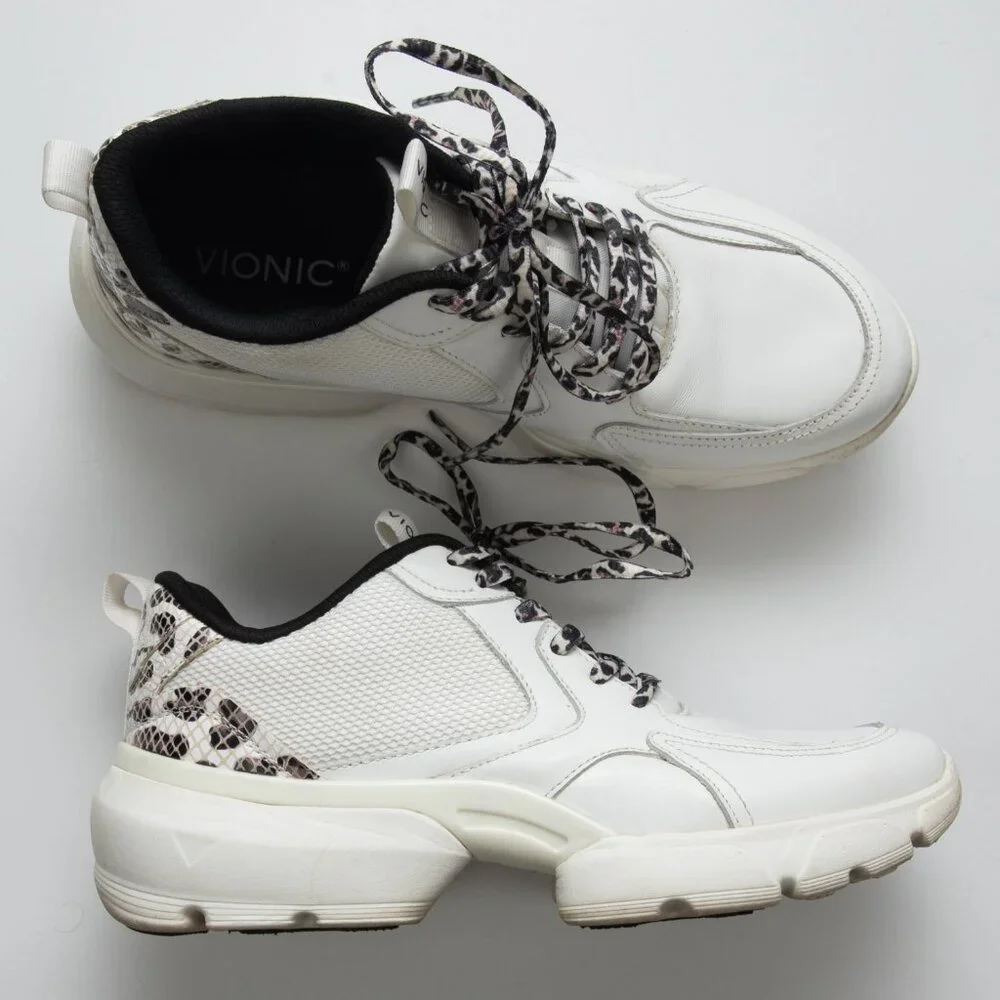 Vionic Aris Trainers Leopard Sneakers Arch Support Tennis Shoes White Size 8